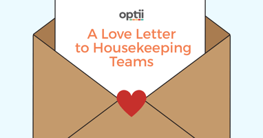 Optii graphic featuring an envelope with a red heart seal and the text 'A Love Letter to Housekeeping Teams,' celebrating International Housekeeping Week