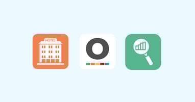 Icons representing hotel operations software, including a hotel building, operational dashboard, and analytics.